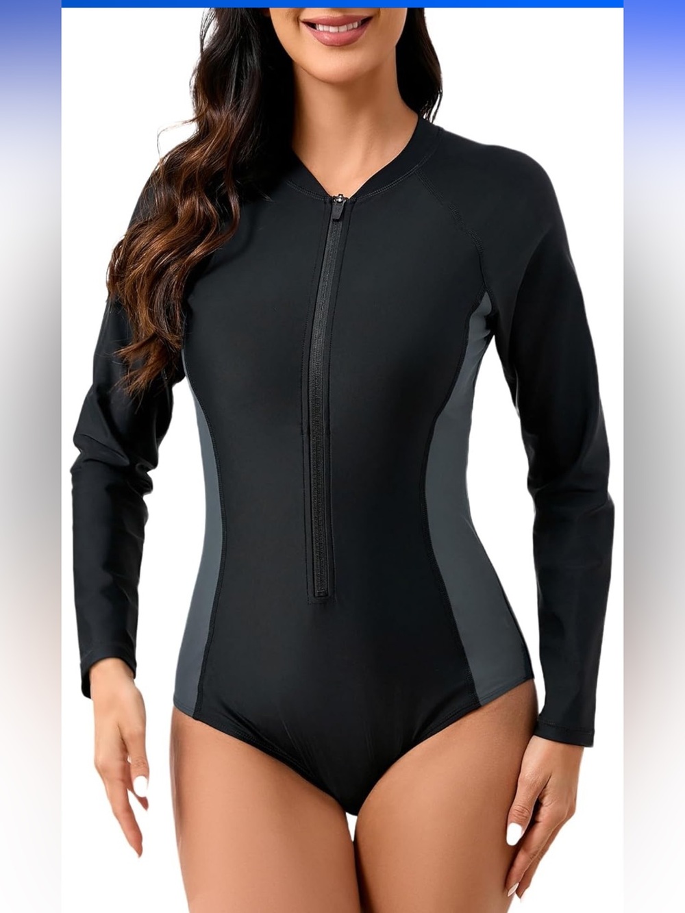 NWT Full Coverage Rash Guard with Built in Bra UPF50+ Zip Long Sleeve Black/Grey